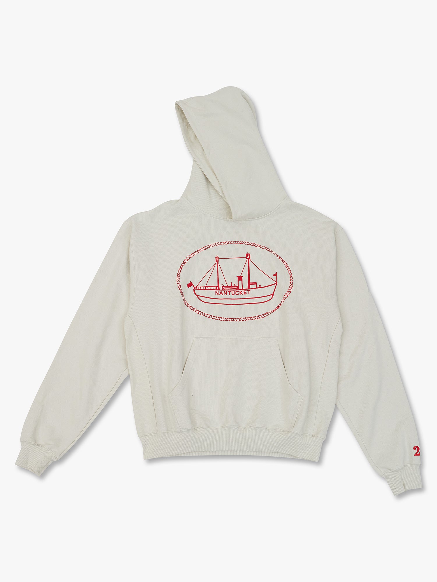 the nantucket hoodie by love billy. Cream hoodie with red nantucket light ship logo printed on front of hoodie and a red 26 embroidered on the sleeve. Small white Billy logo hand stitched on the back below hood.