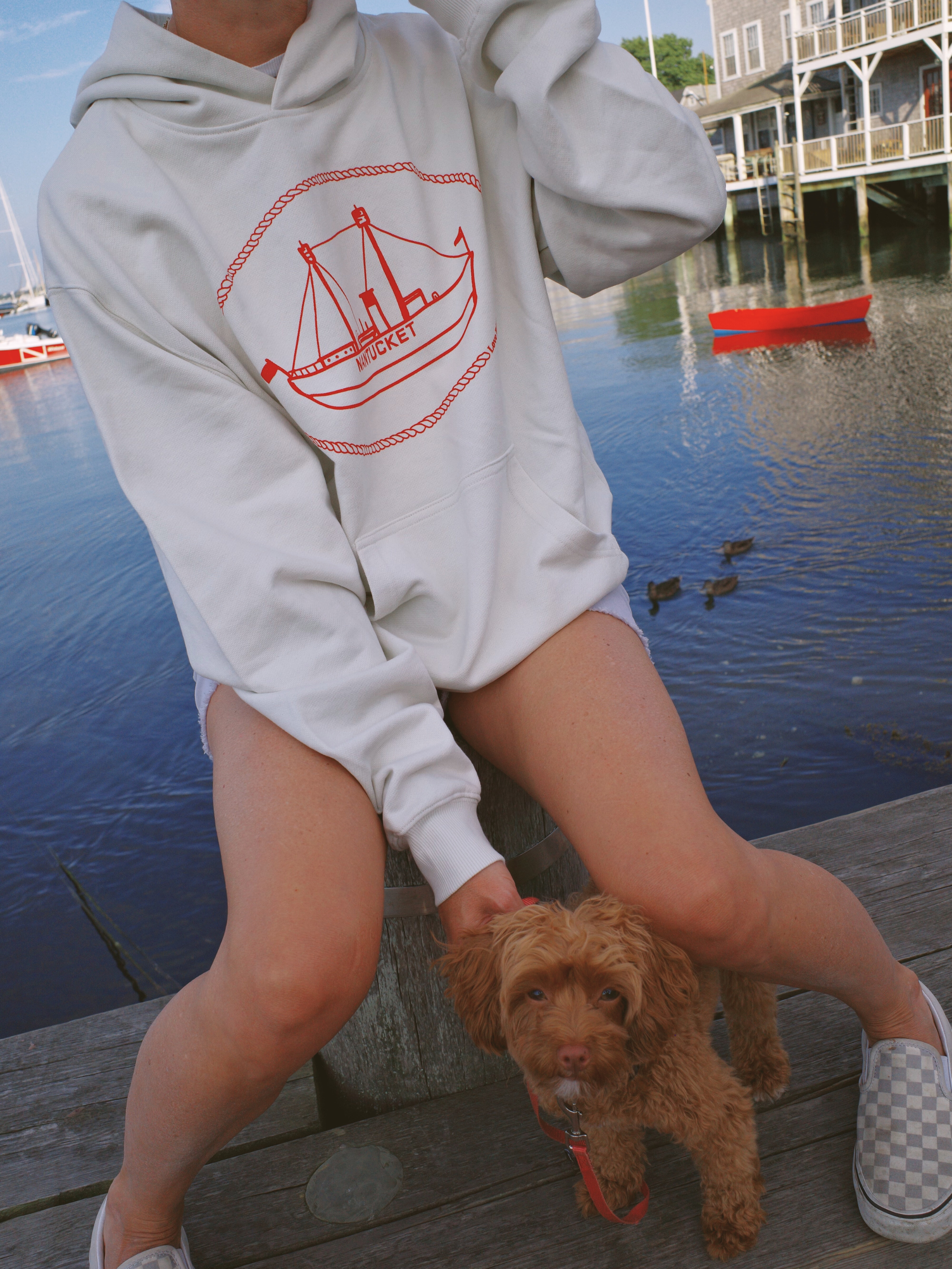 young girl wearing the nantucket hoodie holding small dog by love billy. Sweatshirt printed with a Nantucket US light ship on the front, a 26 embroidered on the sleeve.