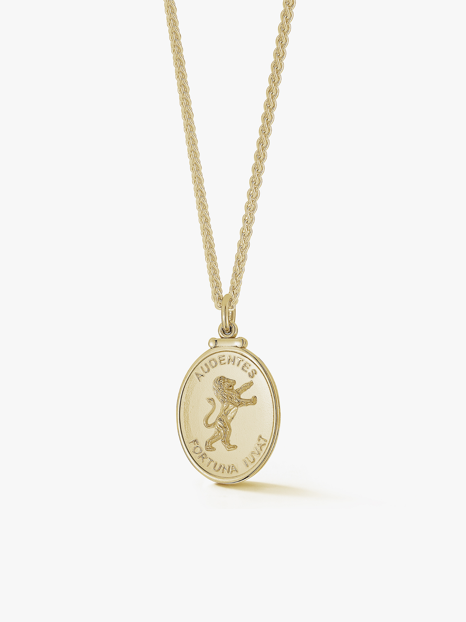 Gold lion medallion necklace. Engraved with Audentes fortuna iuvat: fortune favors the bold. In order to win, you have to take chances. Made by love Billy in NYC.
