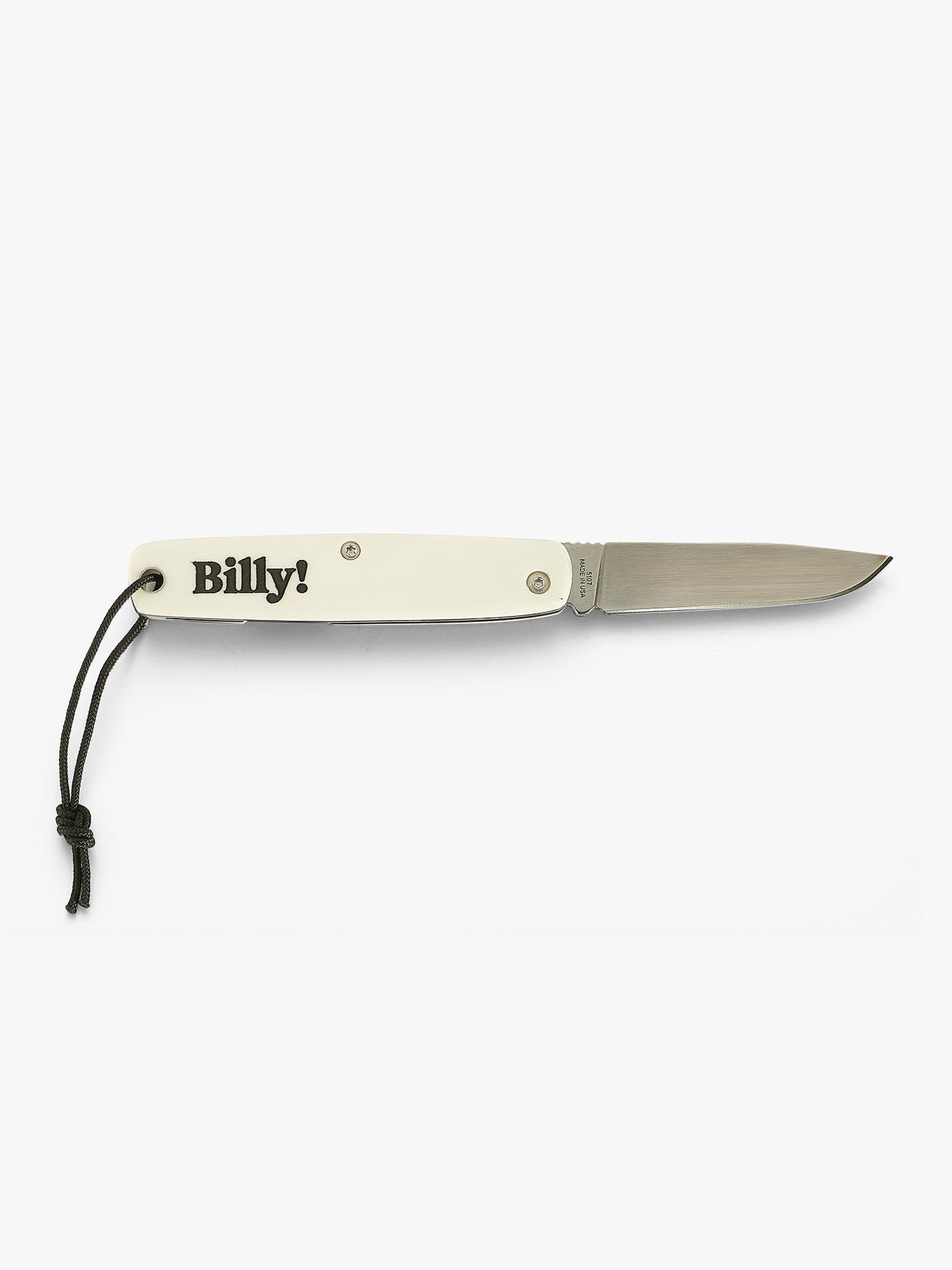 Open white pocket knife with black Billy! engraving. Made in partnership with moore maker, inc in matador, texas. Natural bone handle, super sharp blade, and a paracord lanyard hand tied right here in our office. Love Billy.