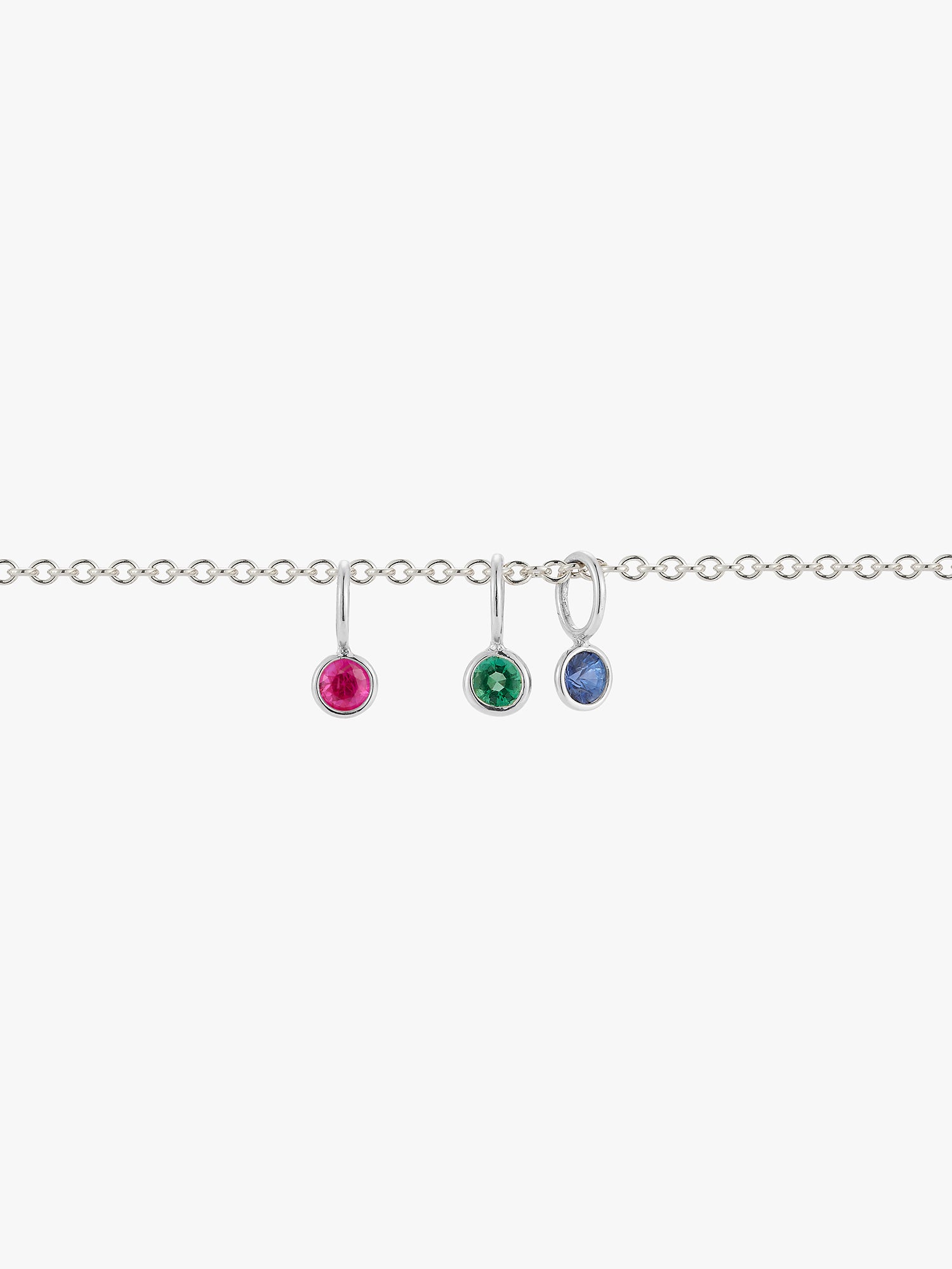 Silver chain with three birthstone drops by Love Billy. Gemstone drops available in ruby, emerald, sapphire or diamond.