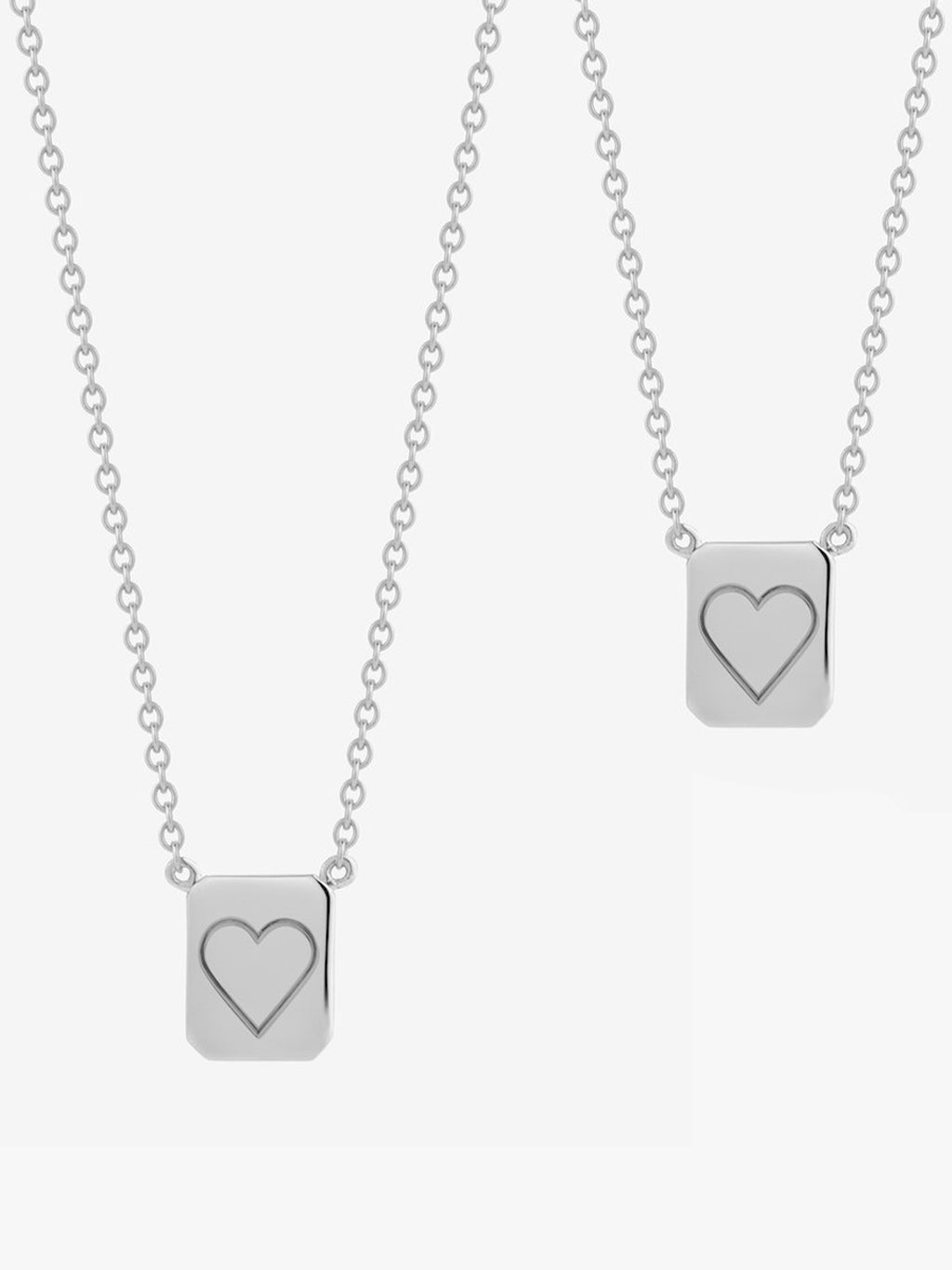 Personalized Love Billy silver heart tag necklace with cable chain. Two silver tags both engraved with hearts.