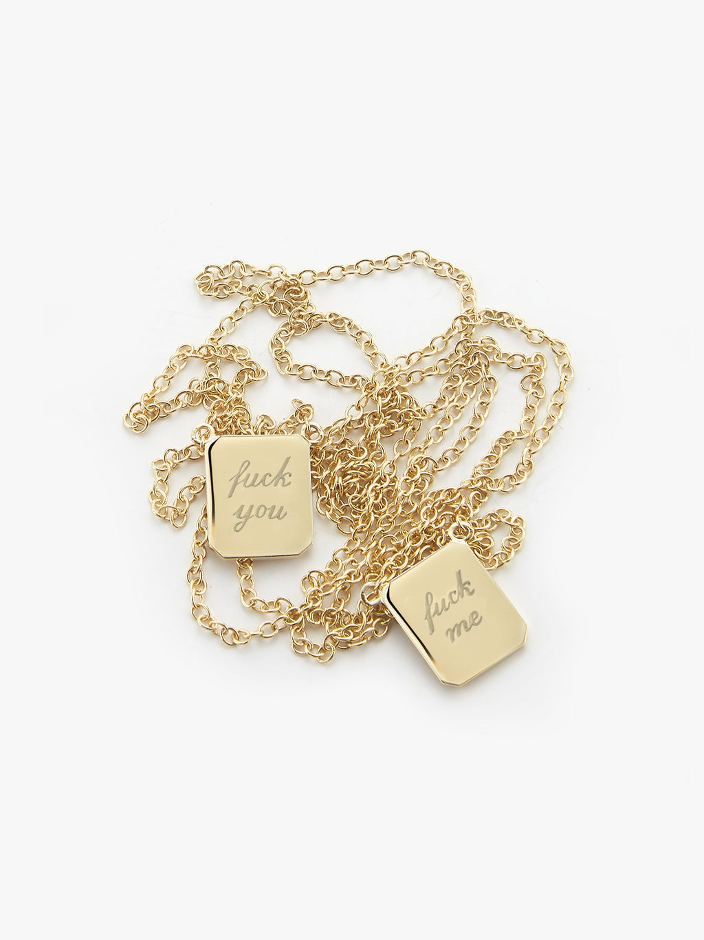 a mens or womens gold necklace with fuck me/fuck you engraving by love billy. the best bad word necklace you can find.
