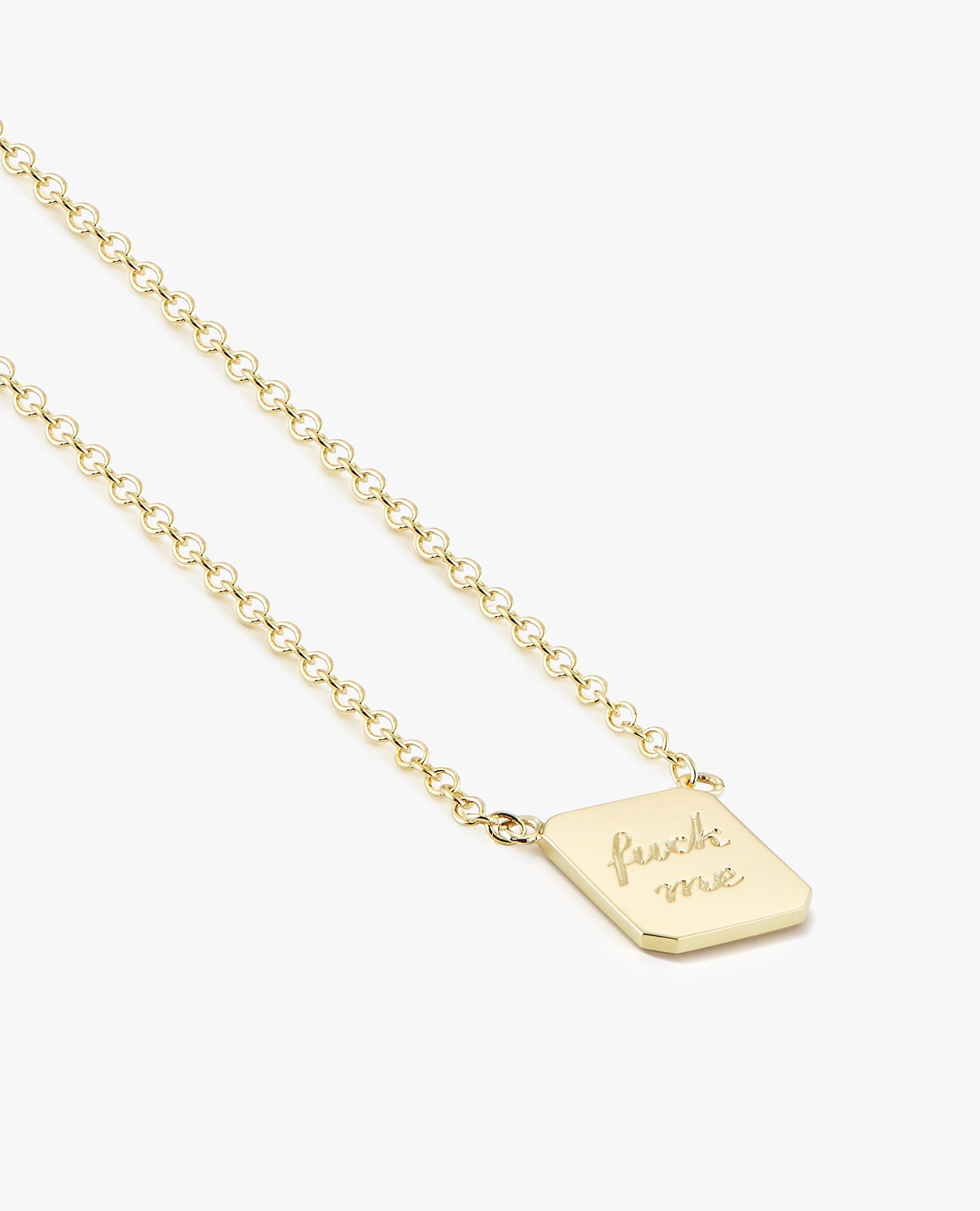 a mens or womens gold necklace with fuck me engraving by love billy. the best bad word necklace you can find.