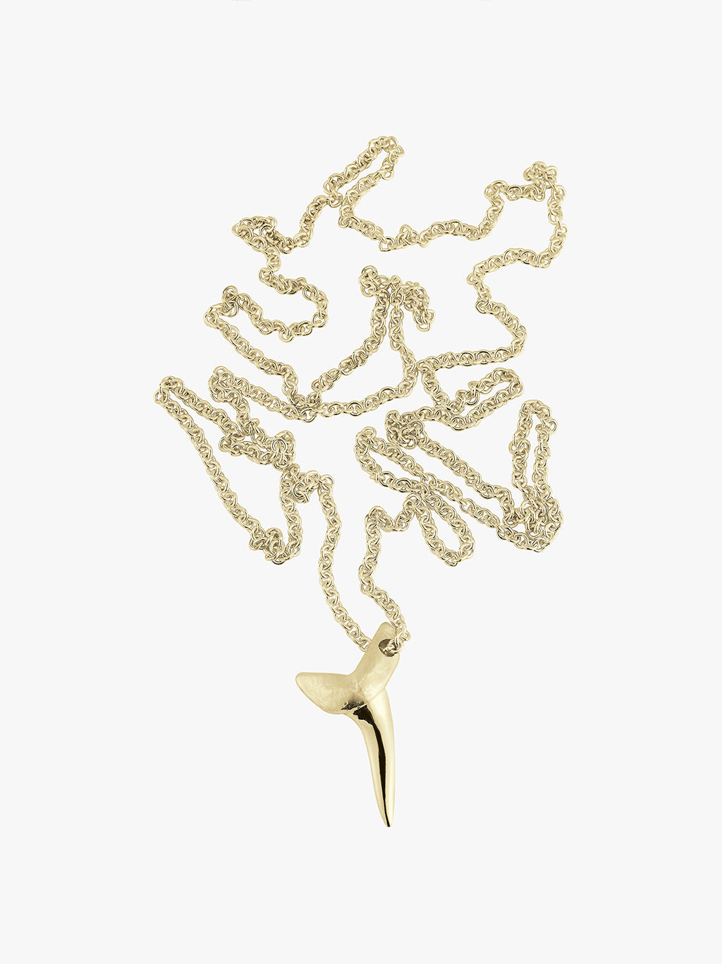 heavy solid gold shark tooth pendant on a long gold chain. unisex necklace or mens necklace.