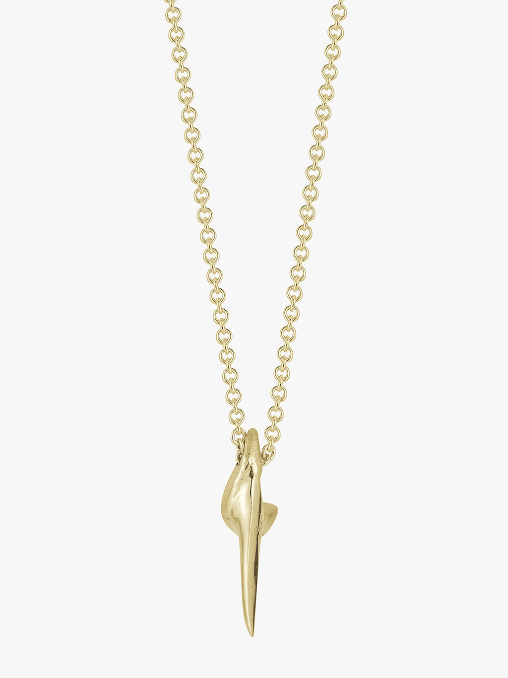 side close up angle of a gold shark tooth necklace made by Love Billy in NYC.