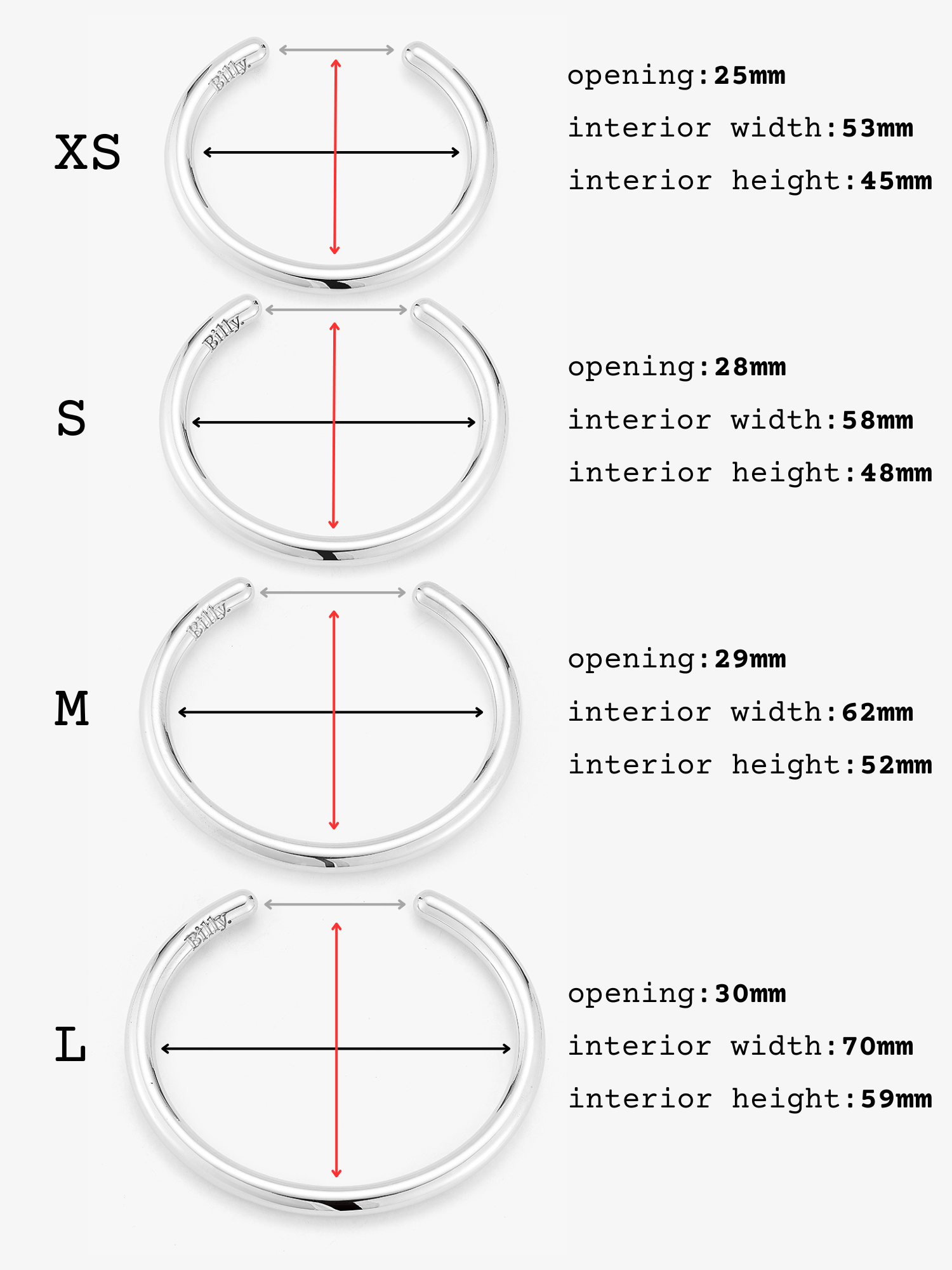 size chart for the sterling silver carousel cuff by love billy.