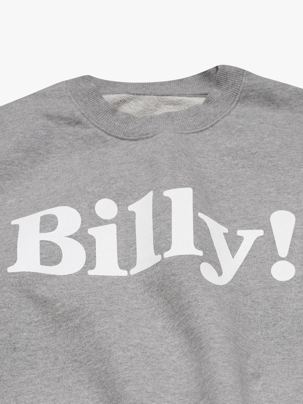 closeup of the heather grey crewneck unisex sweatshirt by love billy.