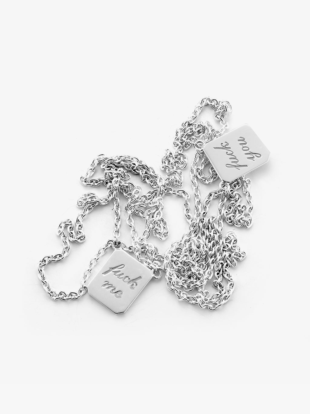 a mens silver necklace or womens silver necklace with fuck you engraving by love billy. the best bad word necklace you can find.