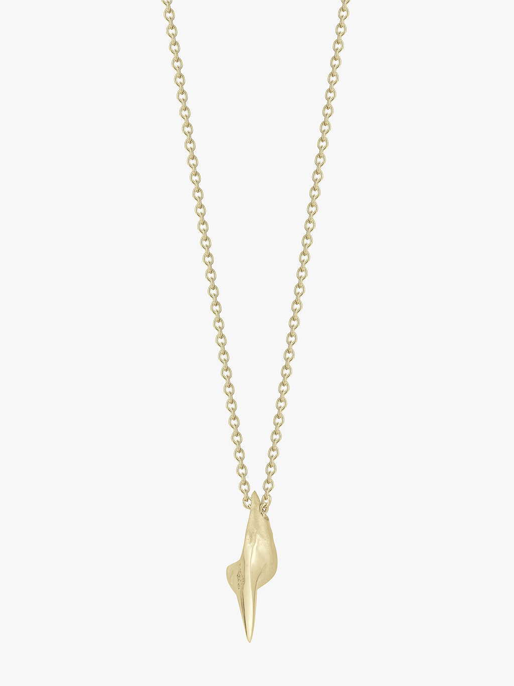 a side angel of the gold shark tooth necklace by love billy on a cable chain.