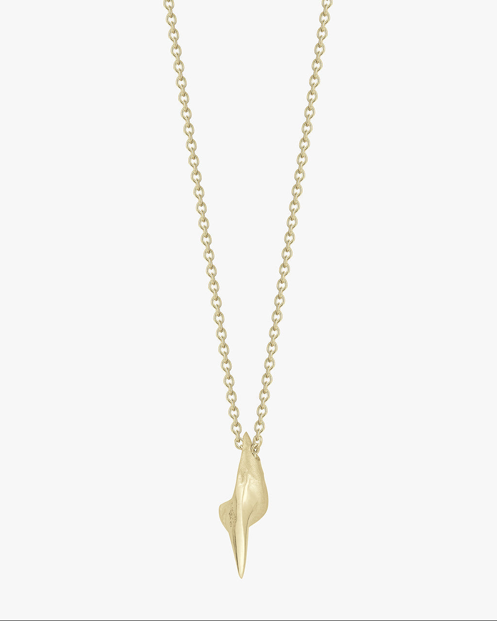 a side angel of the gold shark tooth necklace by love billy on a cable chain.
