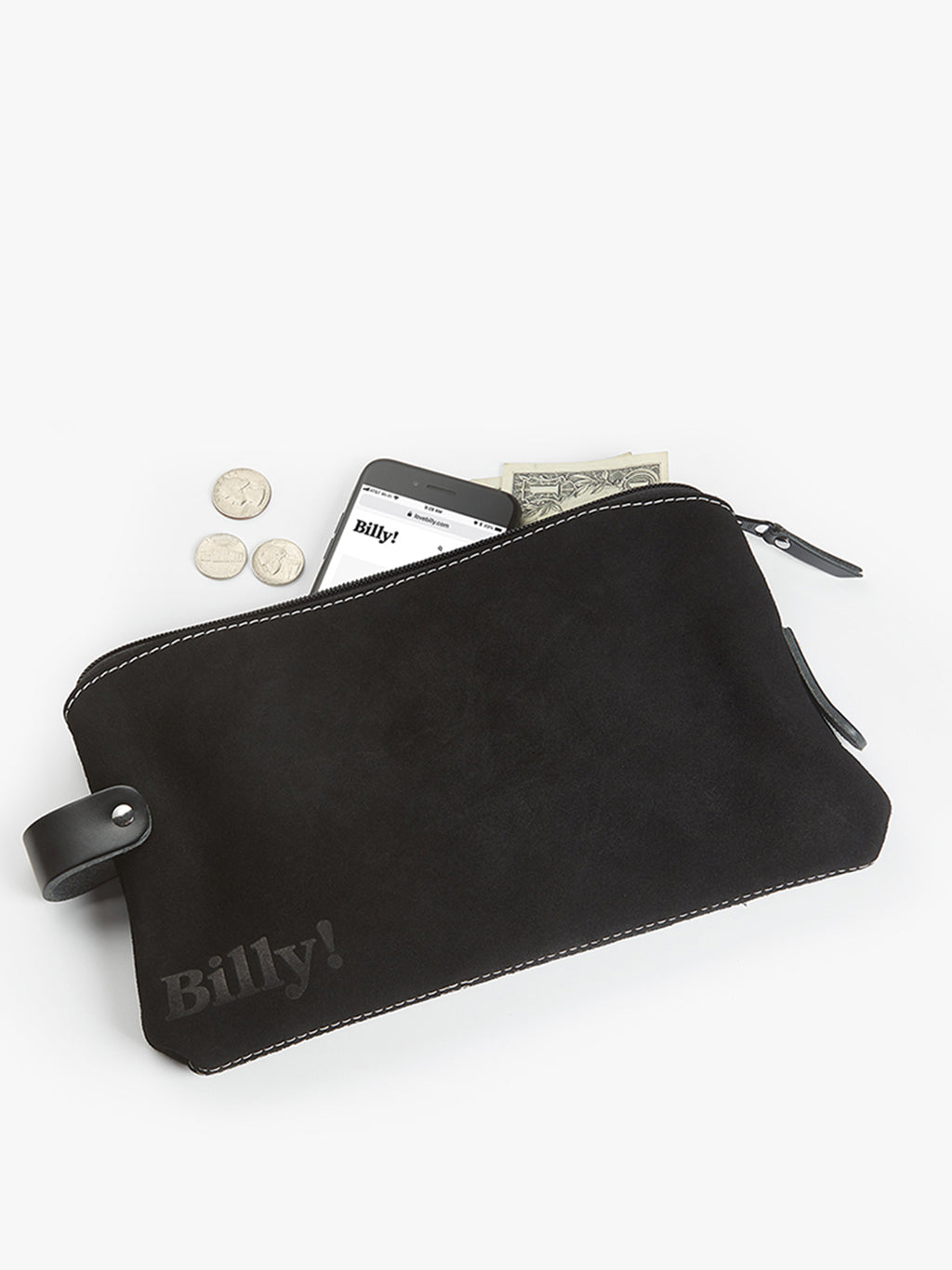 black love billy suede pouch with white stitching and Billy! logo debossed on the bottom left of the pouch. phone and cash coming out the pouch.