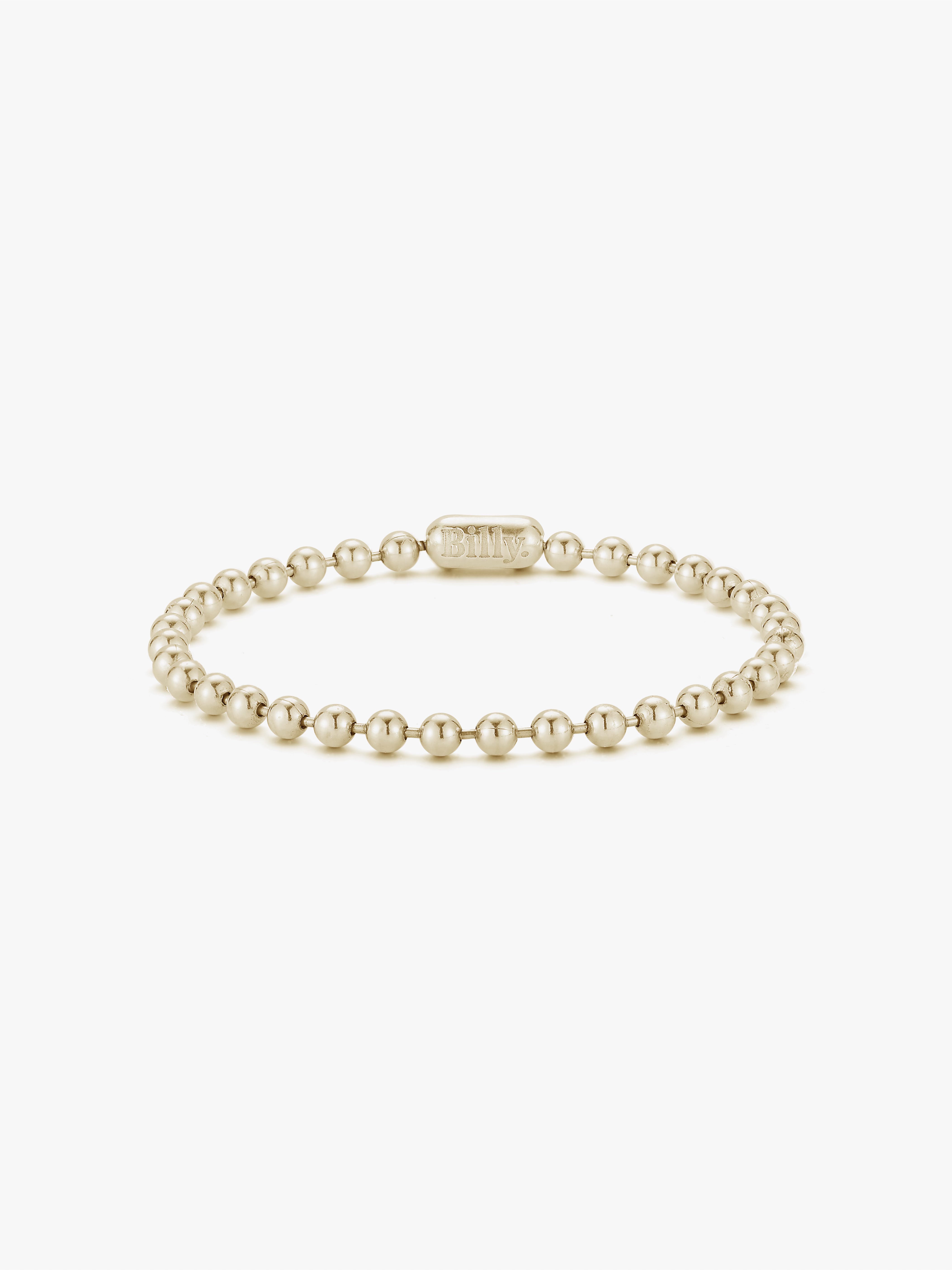 14k gold ball chain bracelet with a pill closure engraved with the billy logo