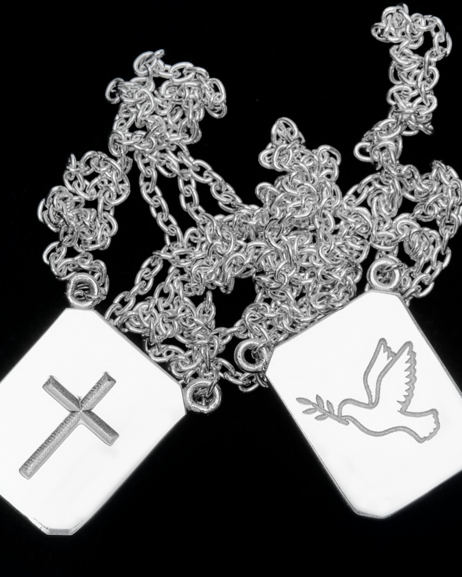 Personalized Love Billy silver tag necklace, one cross and one dove.