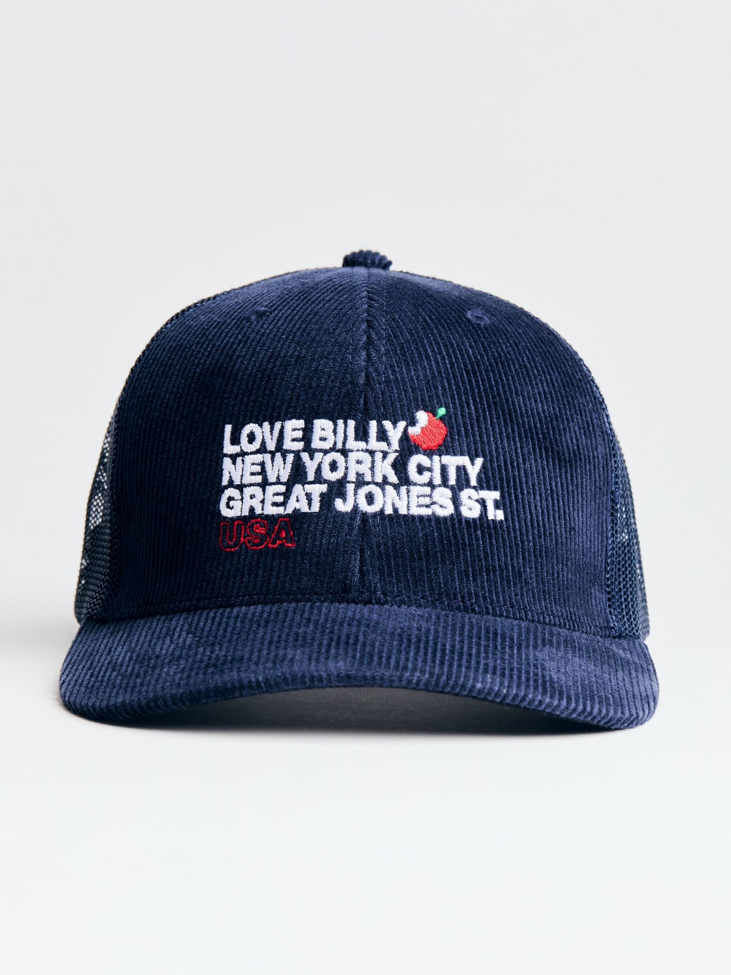 front of Love Billy corduroy trucker hat embroidered with neighborhood graphic.