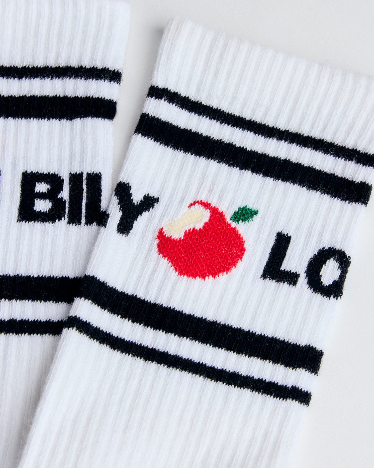 closeup of the love billy tube socks.