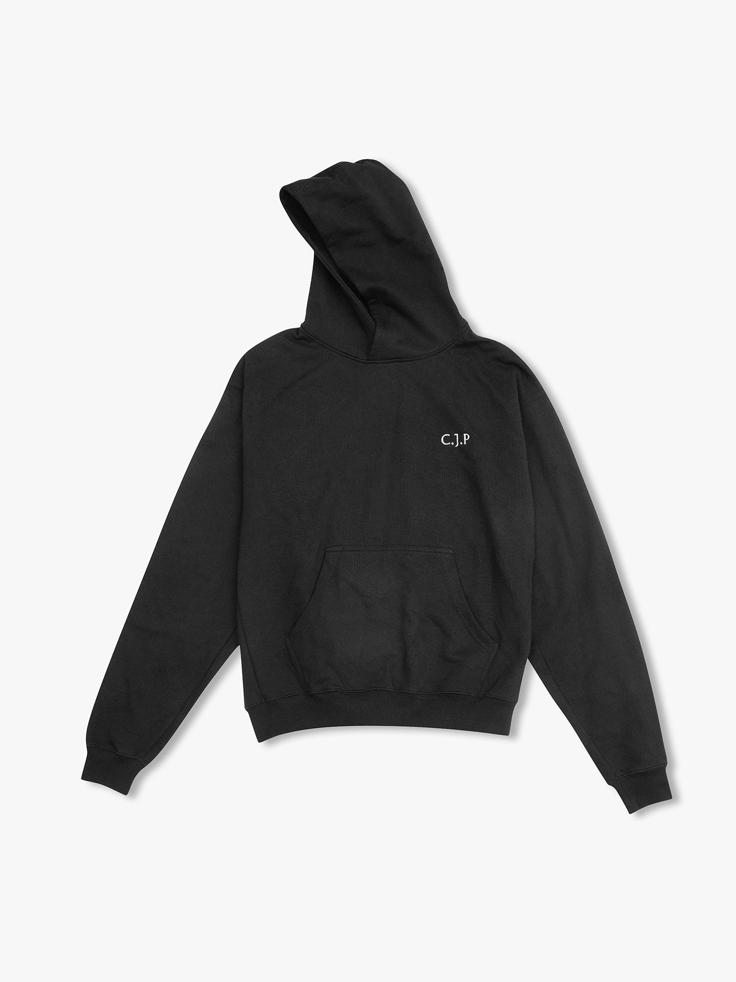 Black monogram hoodie with "C.J.P" on the right chest by love billy.