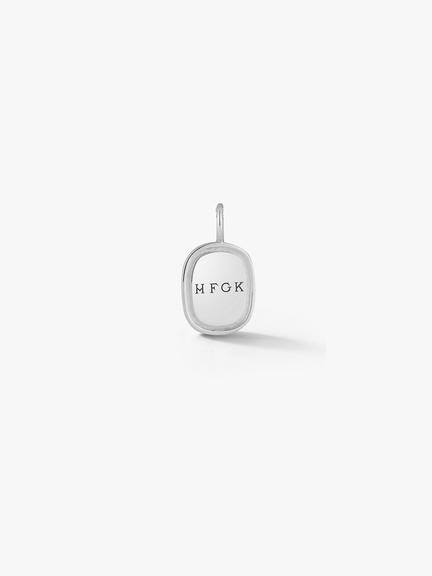 Silver oblong pendant engraved with. "HFGK". Made by Love Billy.