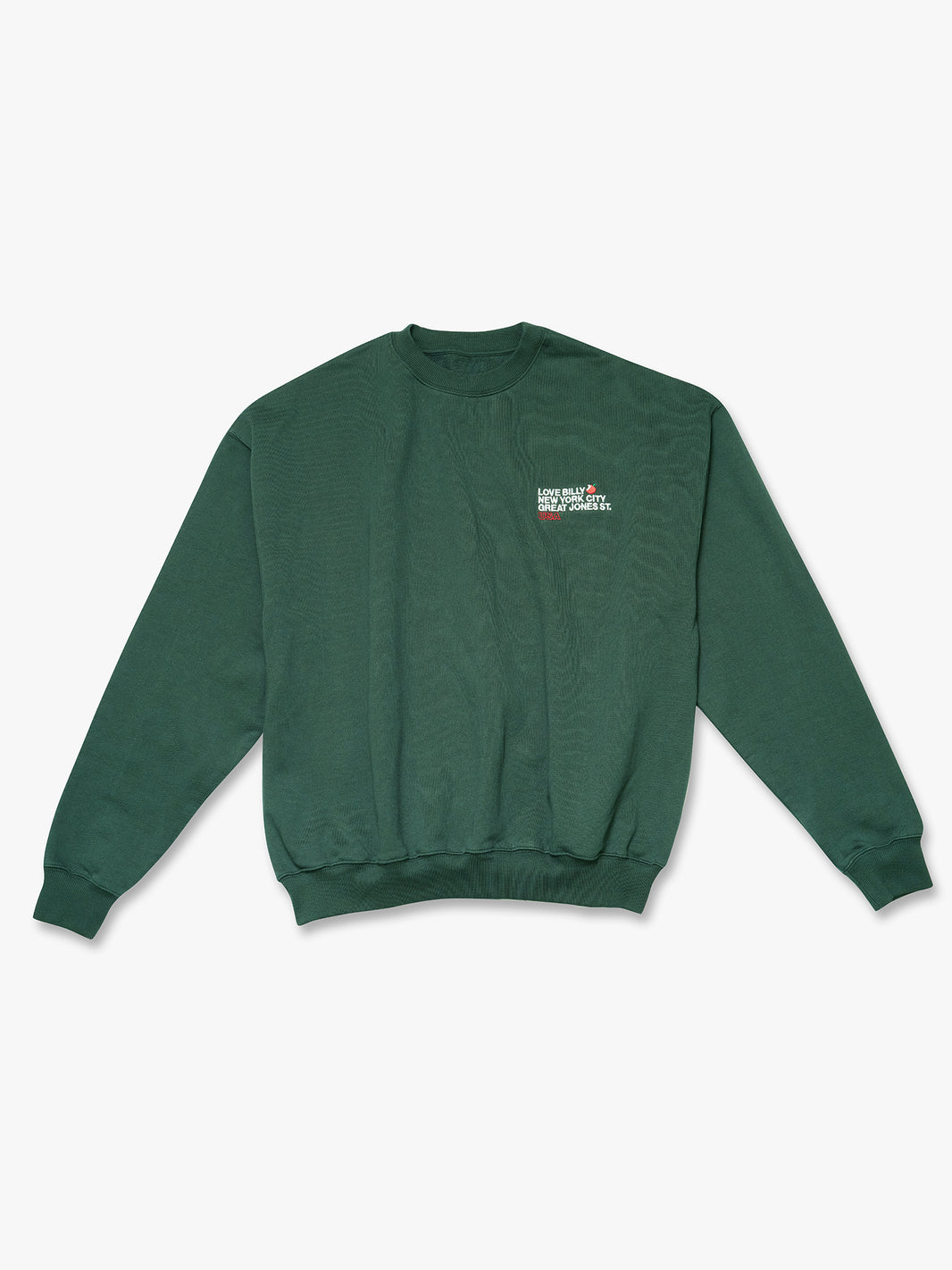 organic french terry forest green sweatshirt. better than any new york city souvenir that you'll find on canal street. the only thing better than the big apple is taking a bite out of it. 