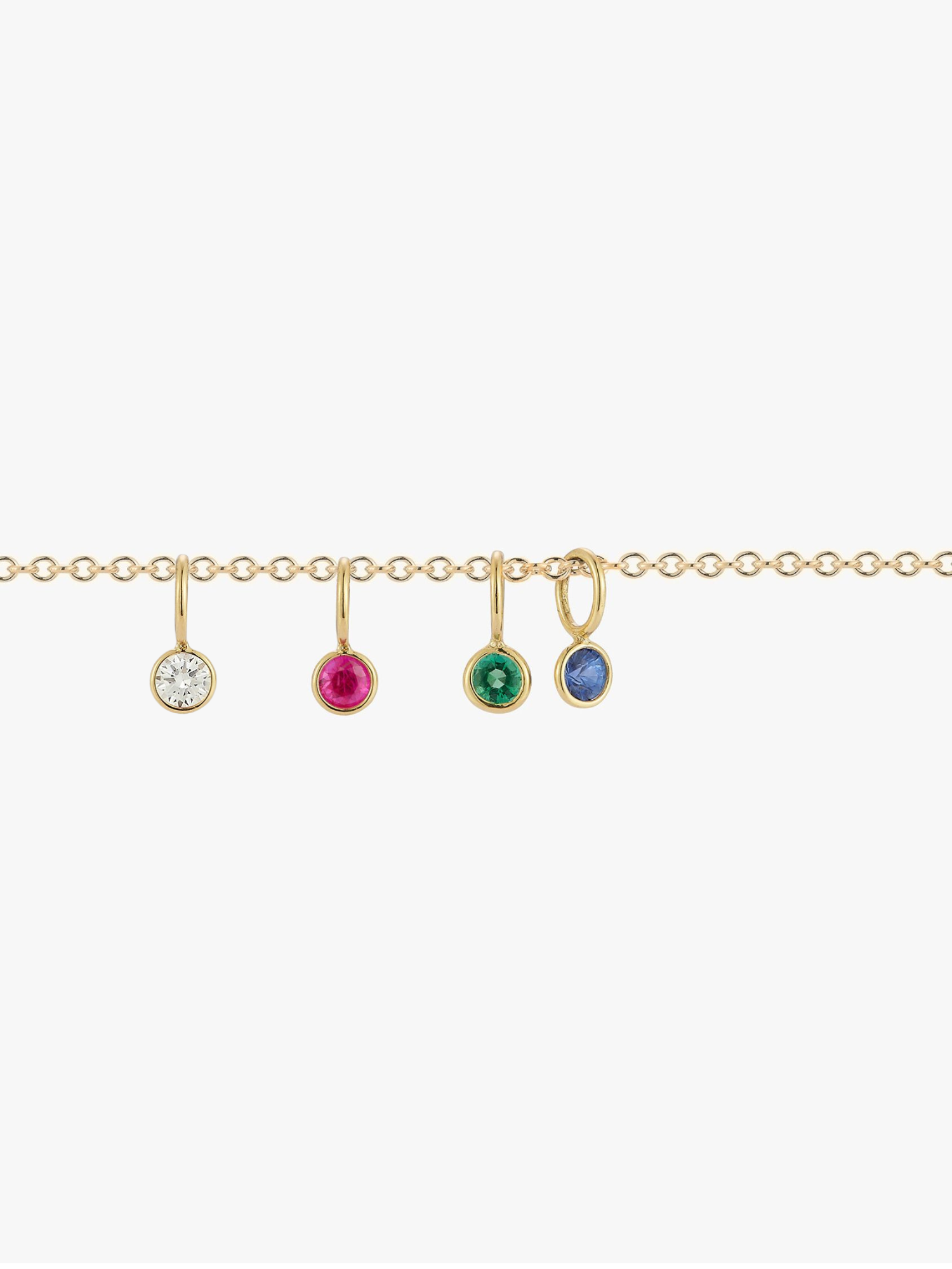14k gold chain showing four love billy gemstone drops. Diamond, ruby, emerald and sapphire