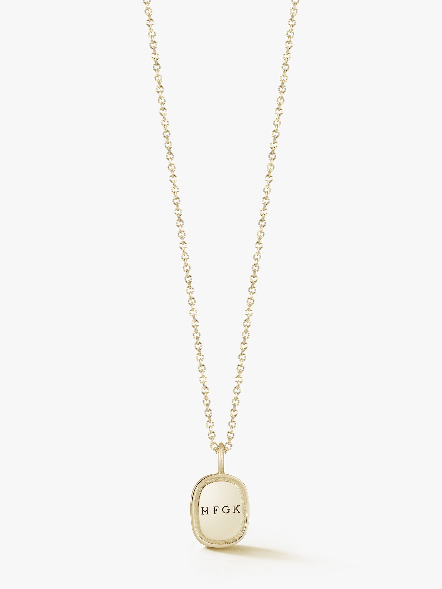 Gold monogrammed oblong pendant on a cable chain by Love Billy.