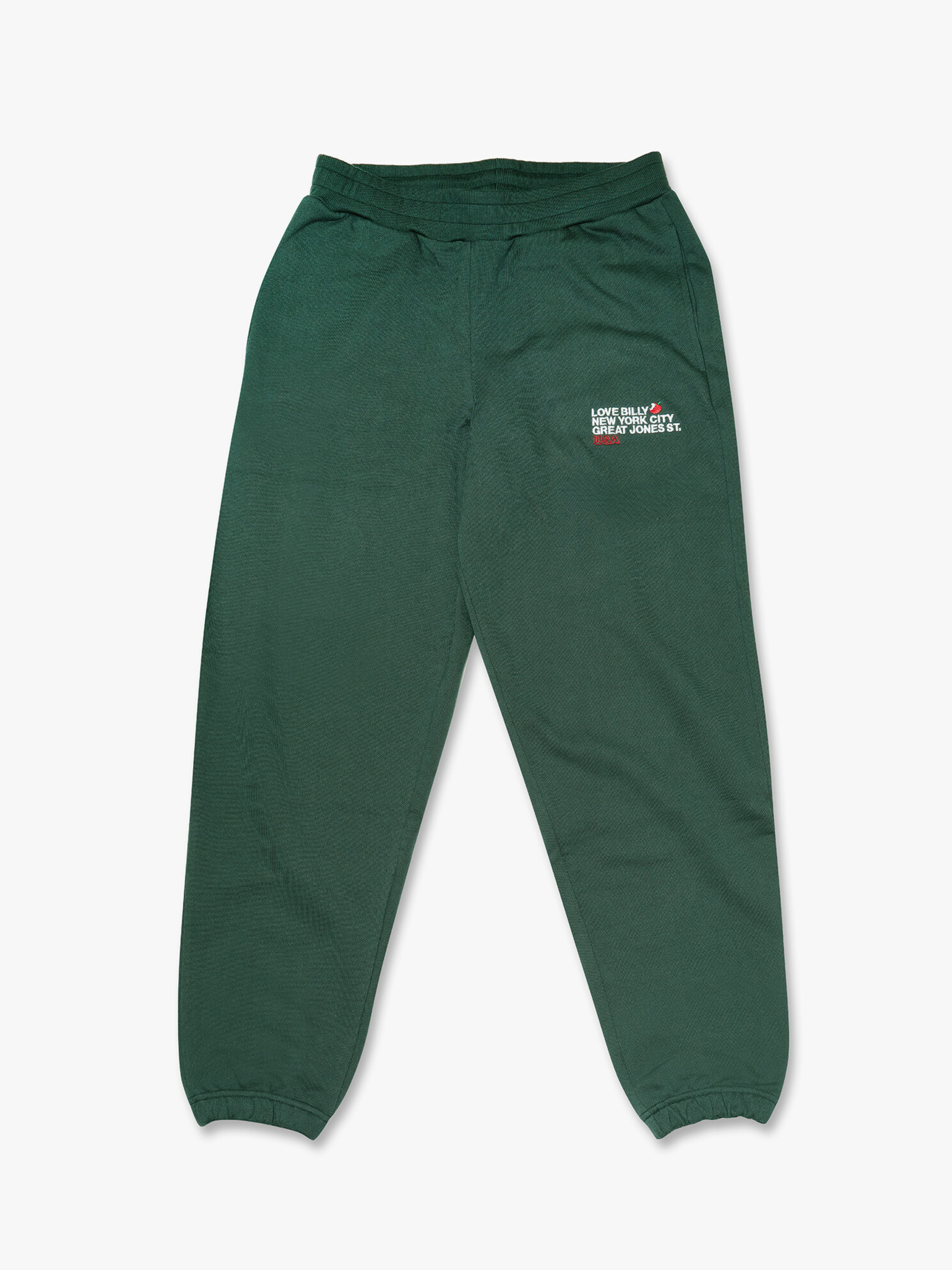 organic french terry forest green sweatpants. better than any new york city souvenir that you'll find on canal street. the only thing better than the big apple is taking a bite out of it. 