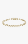 14k gold ball chain bracelet with a pill closure engraved with the billy logo