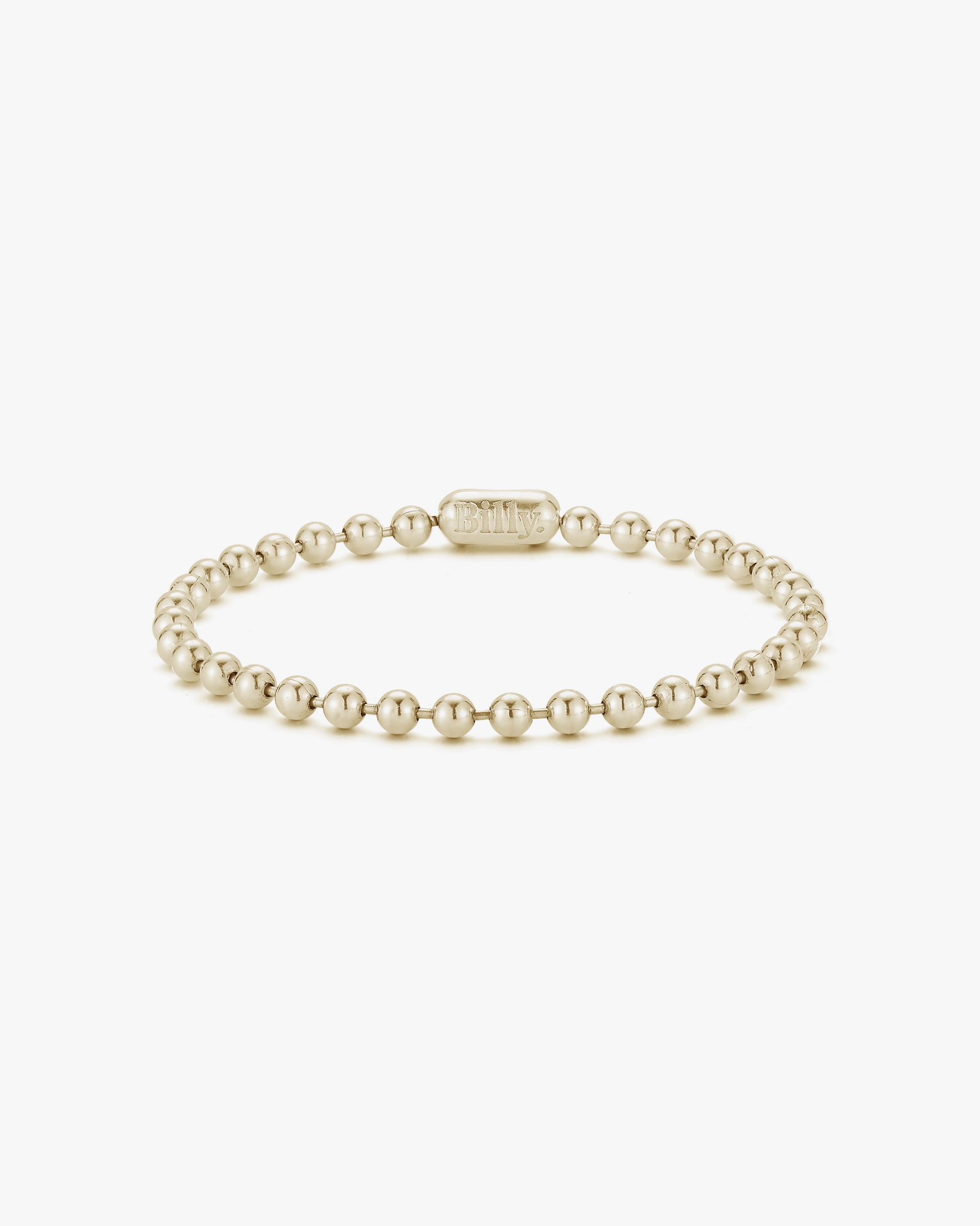 14k gold ball chain bracelet with a pill closure engraved with the billy logo