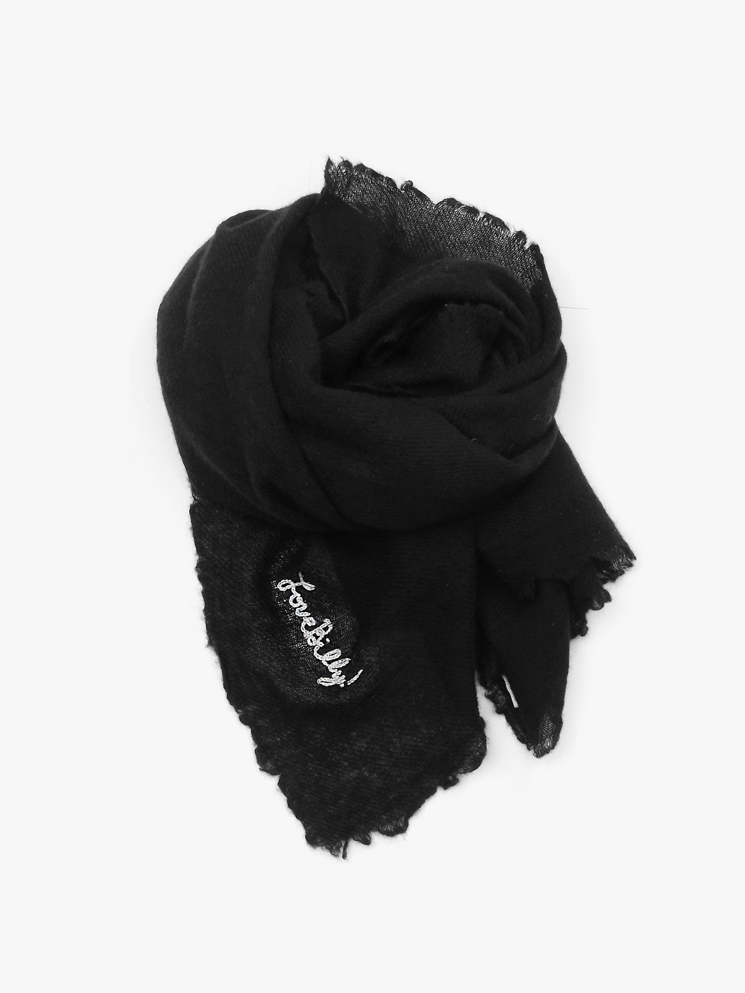 Black scarf with frayed edges and white love billy logo embroidered
