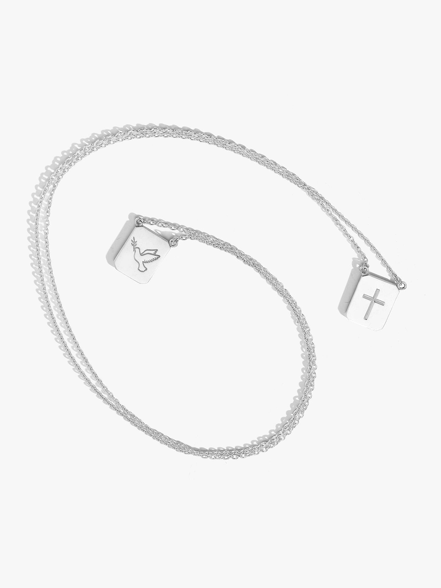 Personalized Love Billy silver tag necklace. one cross and one dove.