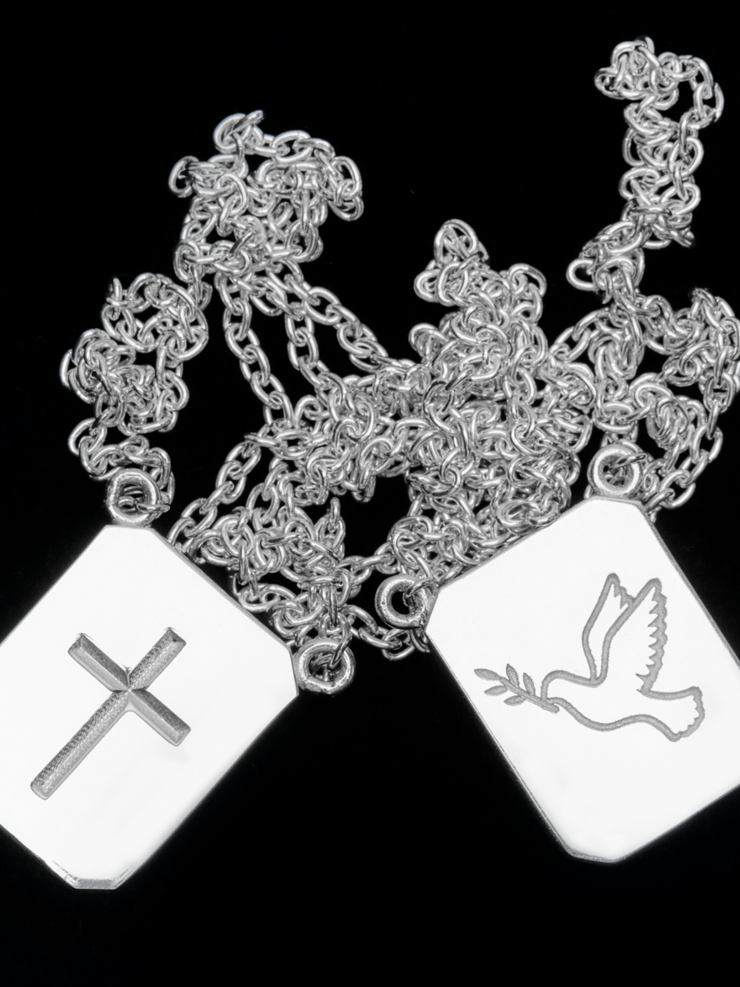 Personalized Love Billy silver tag necklace, one cross and one dove.