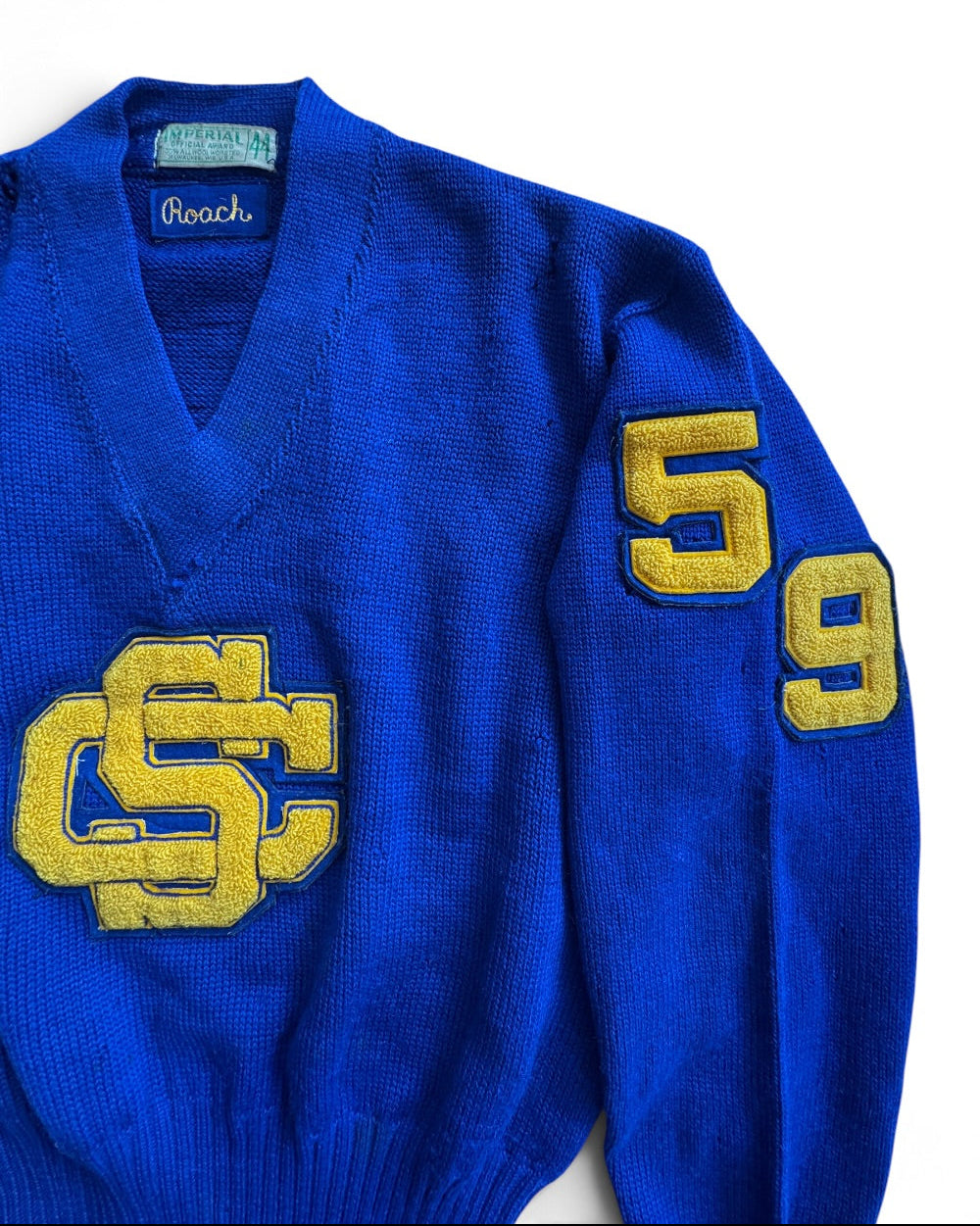 1959 Imperial Varsity Letterman Sweater "SC" Tiger Patch Named Roach Size 44 / L