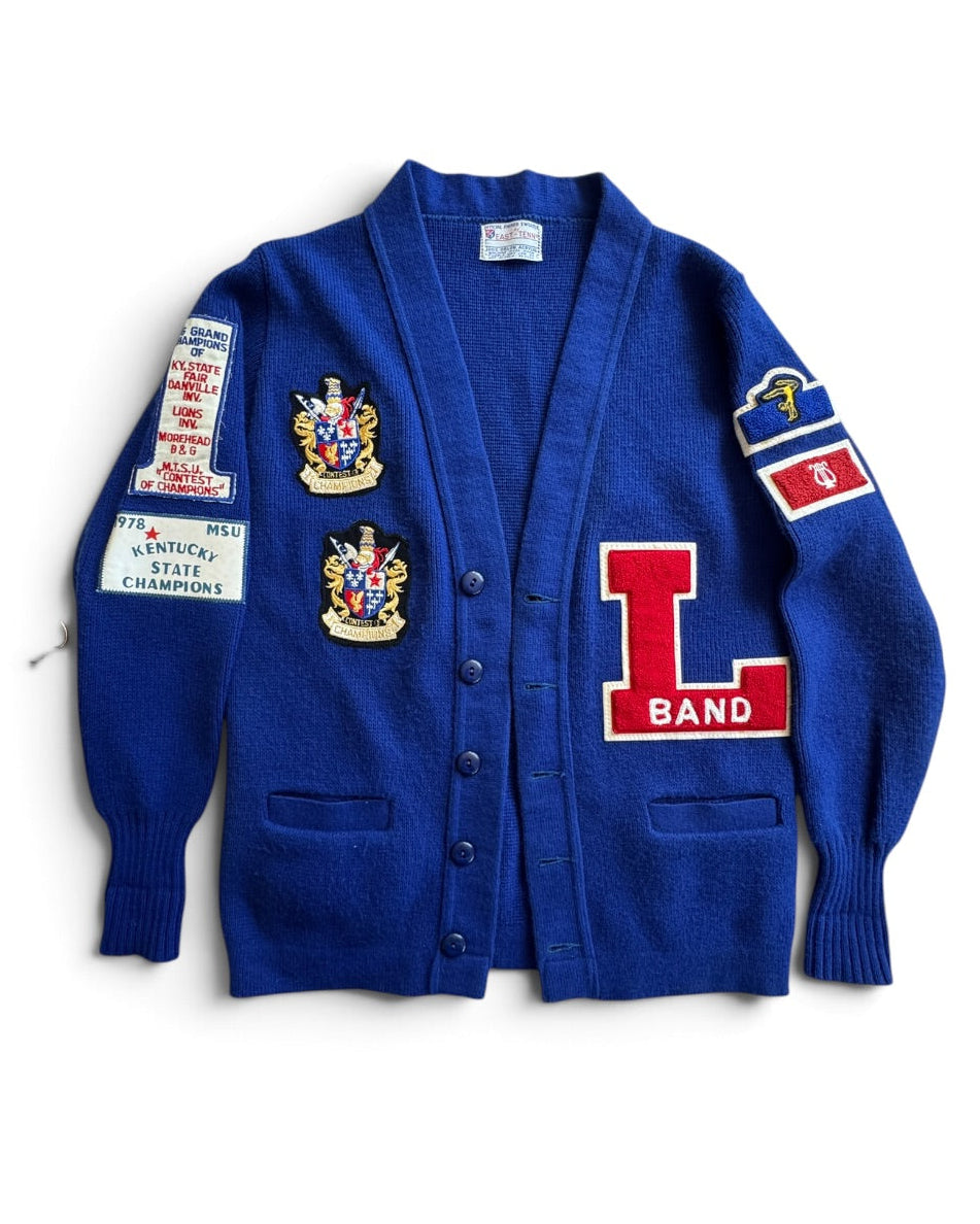 Vintage 70s East-Tenn Award Cardigan L Band Kentucky State Champions Patches - Sz S - front