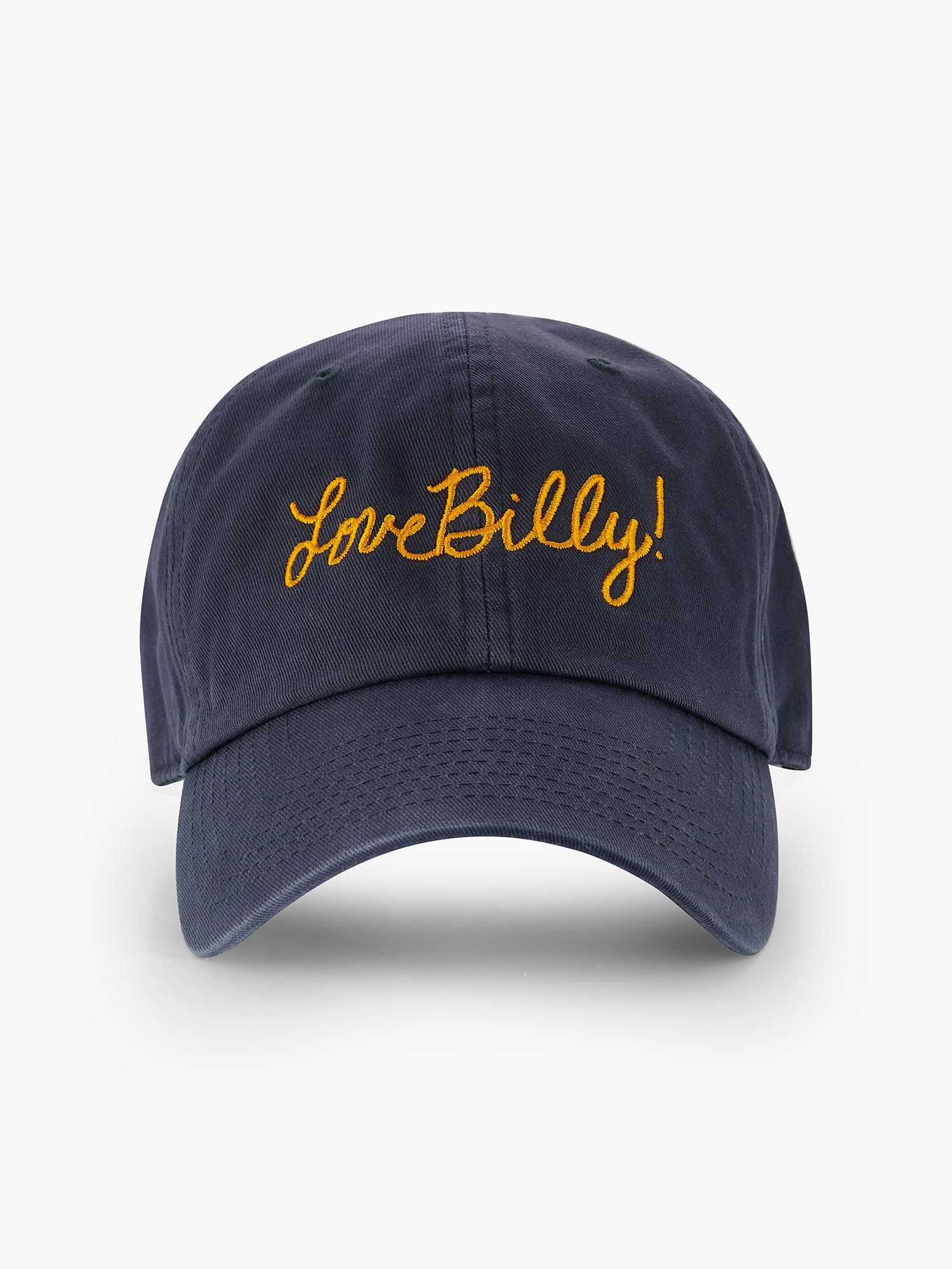 Navy blue cap with yellow 'Love Billy!' script logo on a white background