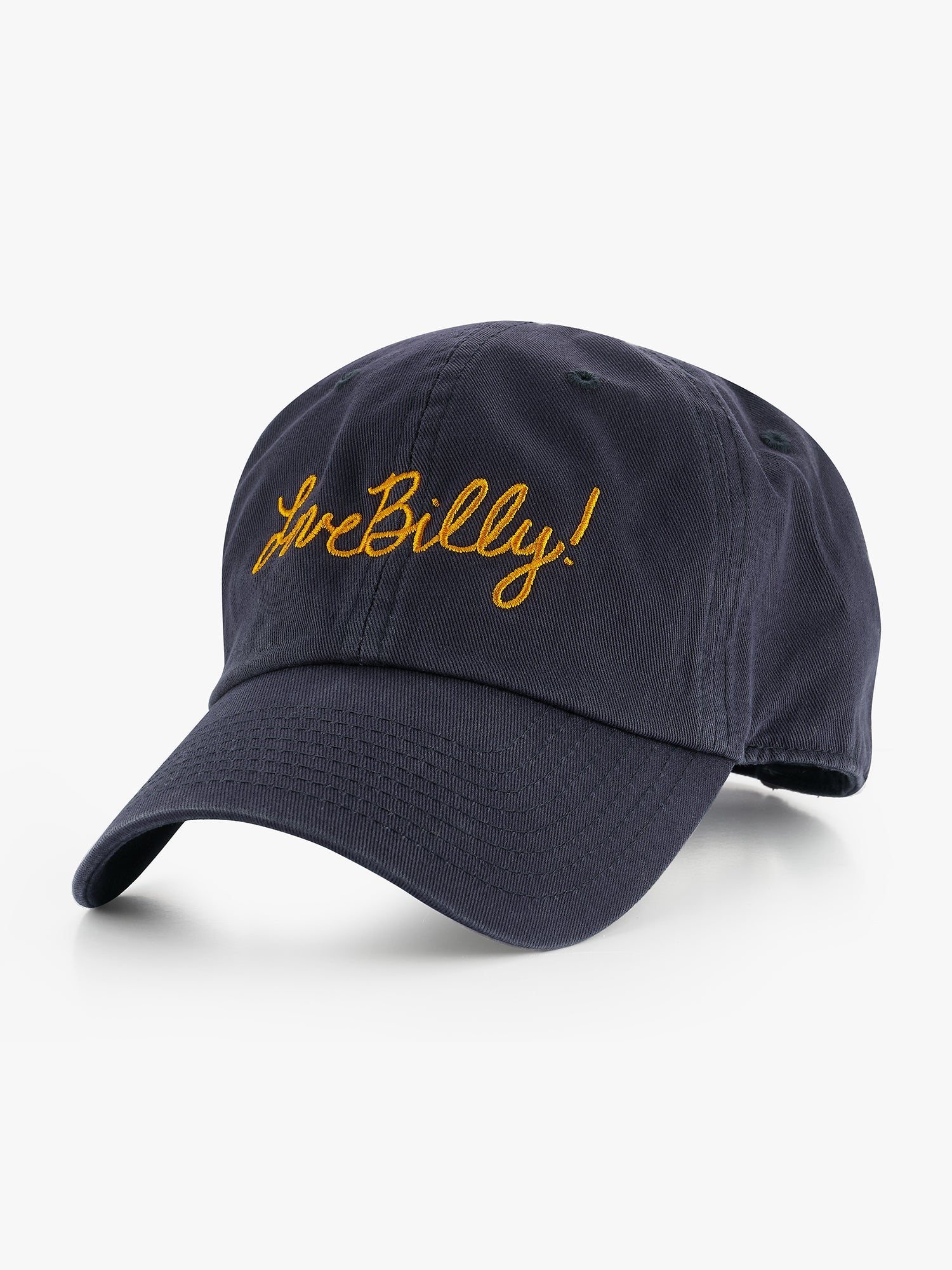 love billy's navy dad hat with golden yellow script logo embroidered across the front.